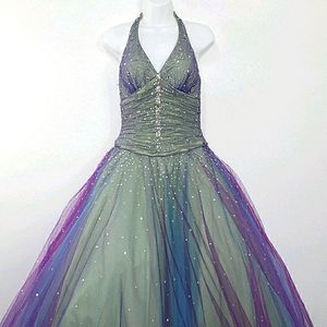 Mori Lee Rainbow tulle halter ball gown